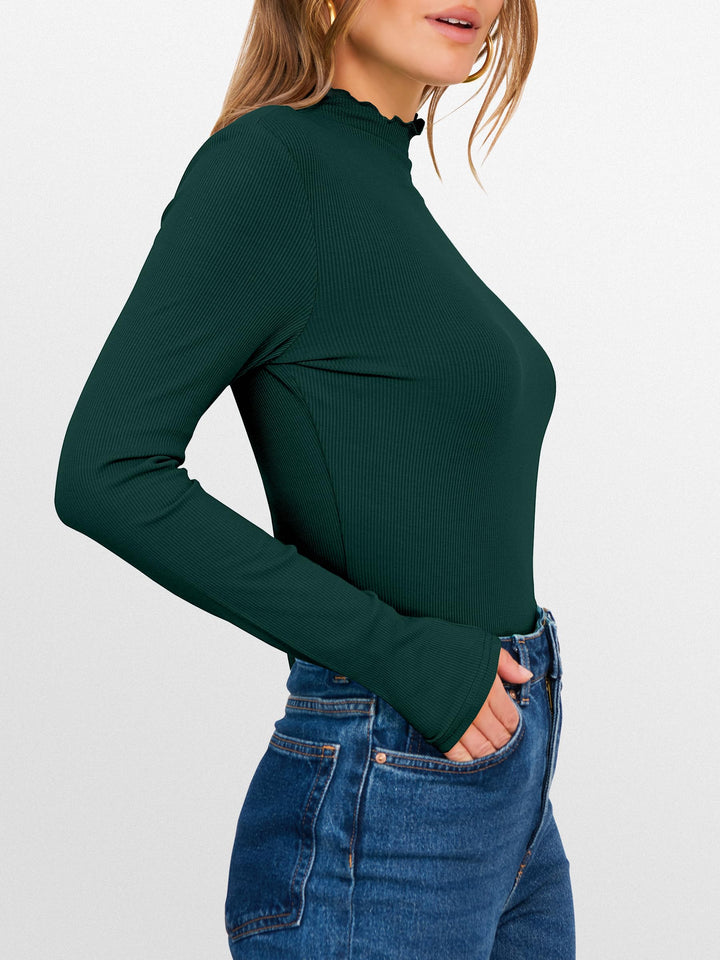 ANRABESS Women's Lettuce Trim Mock Neck Ribbed Top