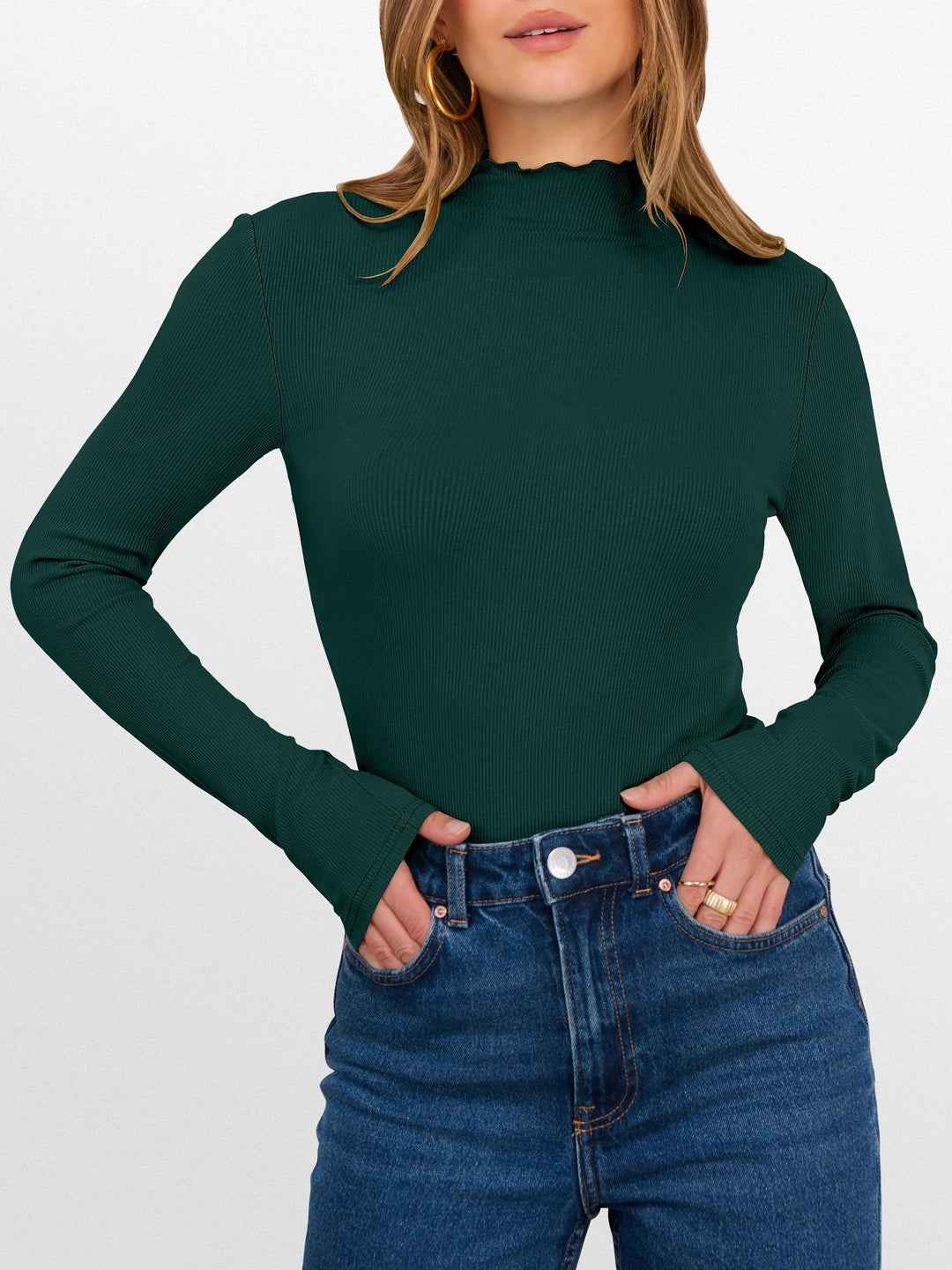 ANRABESS Women's Lettuce Trim Mock Neck Ribbed Top