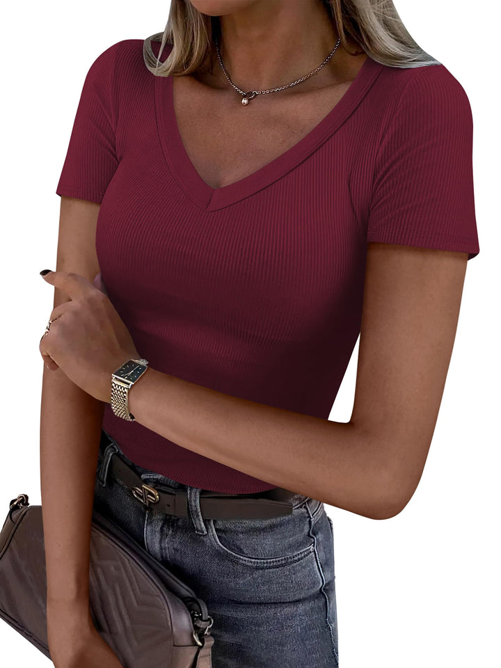 ANRABESS Fitted Ribbed V-Neck Short Sleeve Top