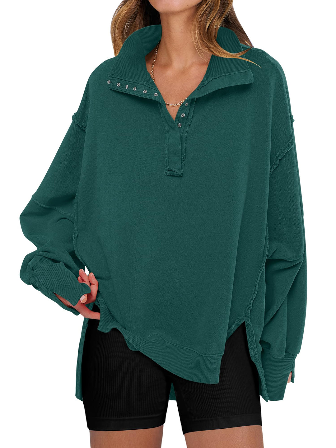 ANRABESS Women's Oversized Button-Up Henley Sweatshirt