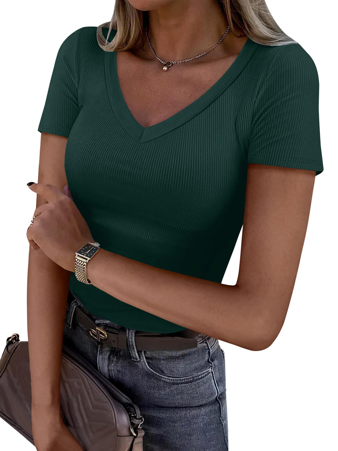 ANRABESS Fitted Ribbed V-Neck Short Sleeve Top