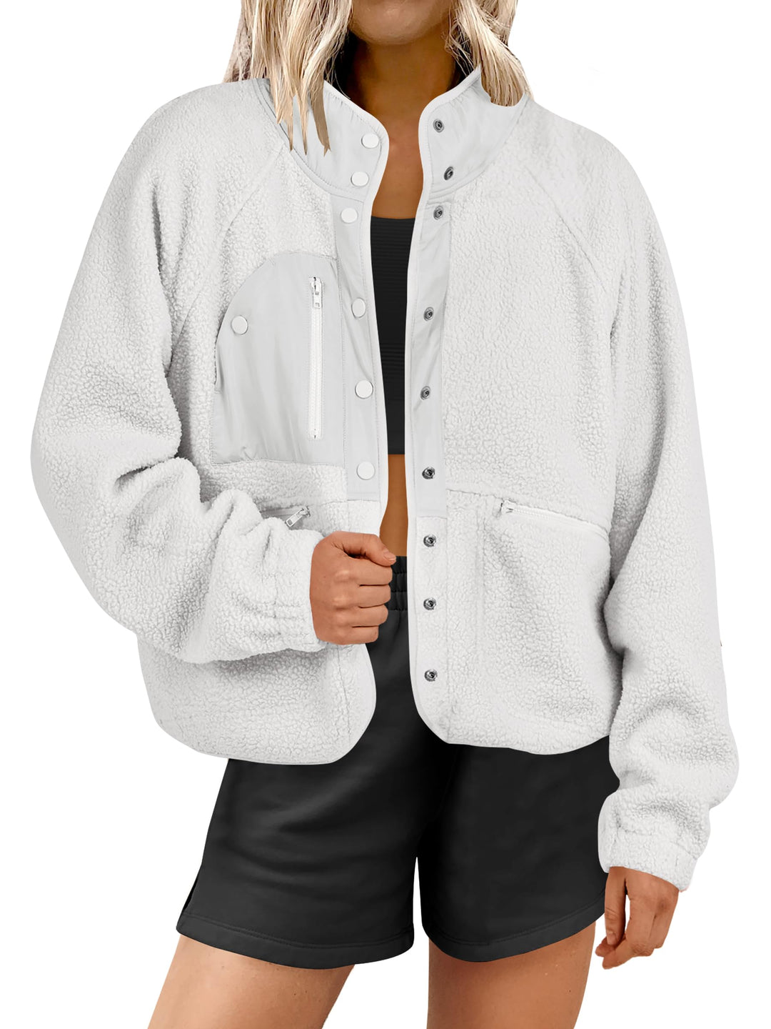 ANRABESS Women's Cropped Sherpa Shacket with Pockets
