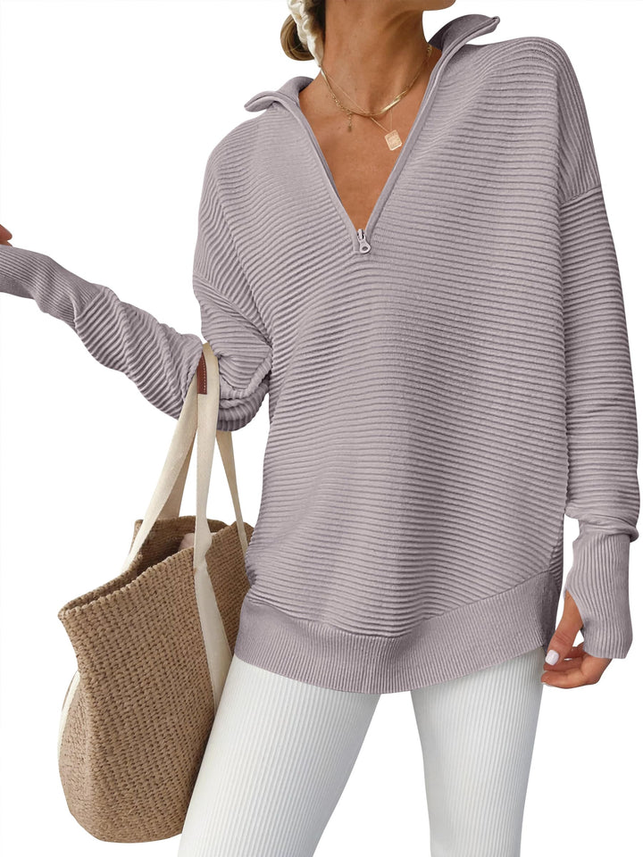 ANRABESS Women's Quarter Zip V-Neck Ribbed Sweater