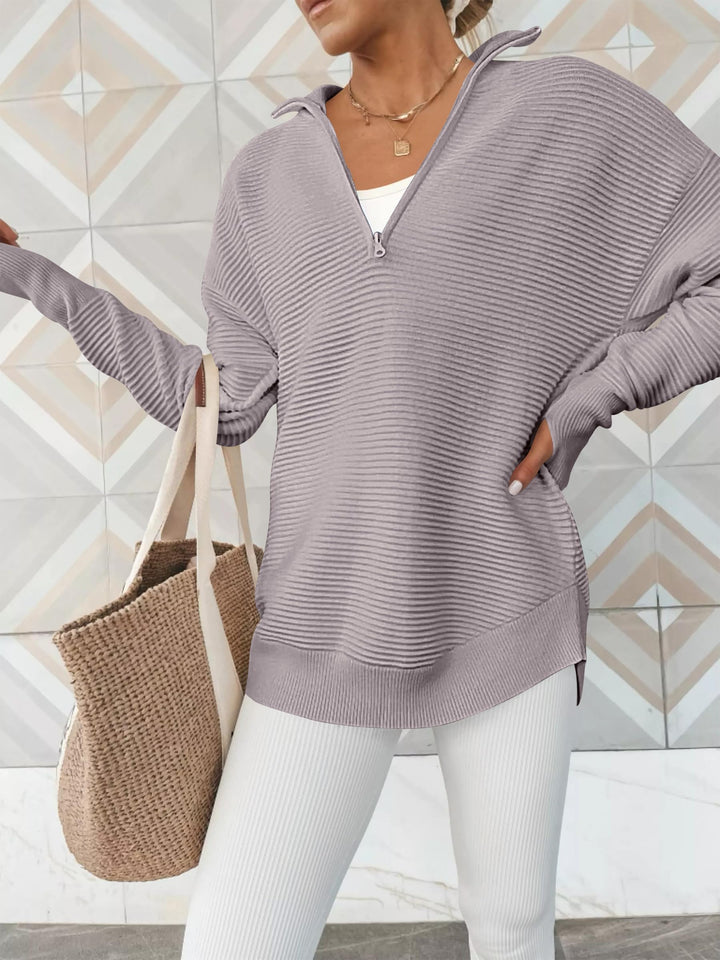 ANRABESS Women's Quarter Zip V-Neck Ribbed Sweater