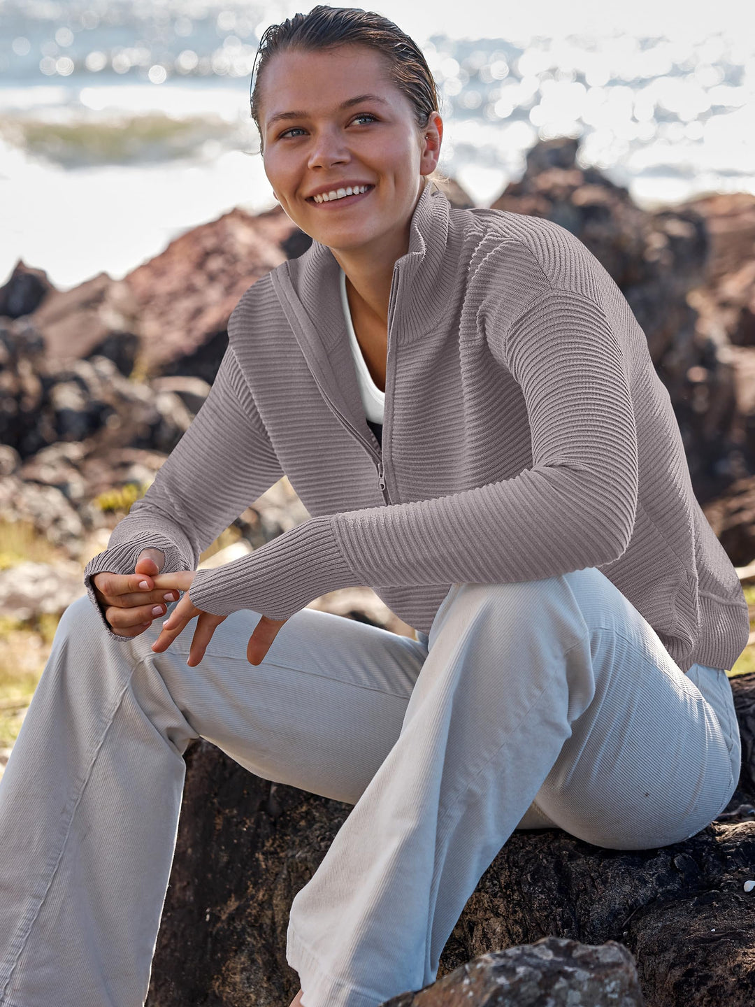 ANRABESS Women's Quarter Zip V-Neck Ribbed Sweater