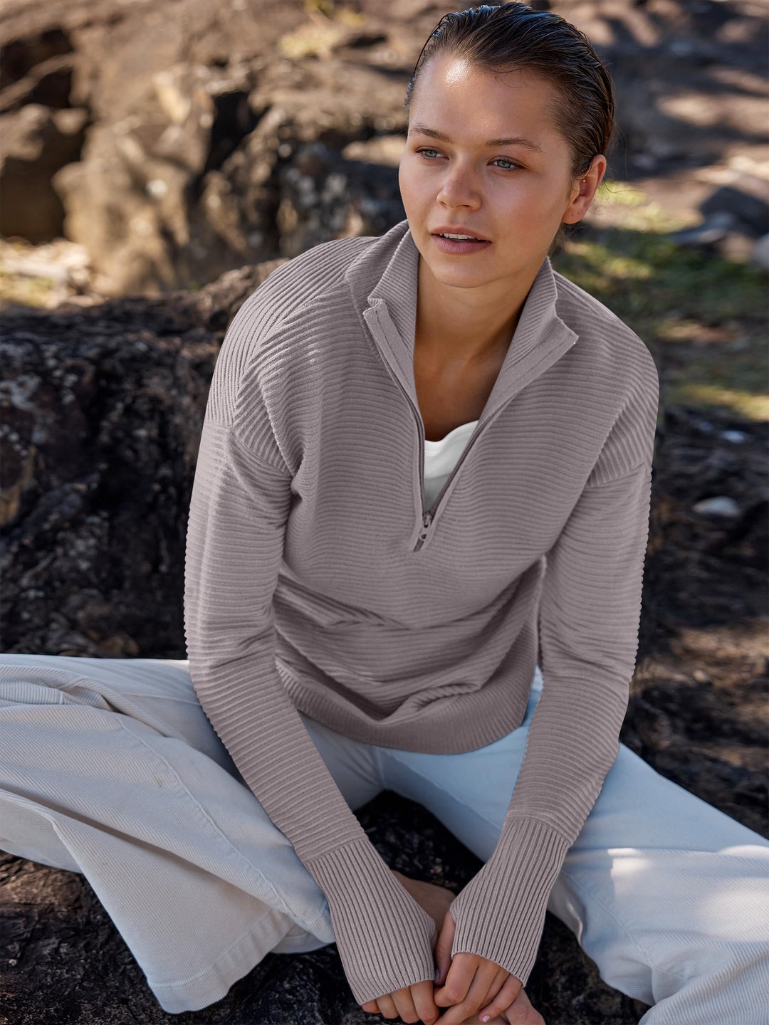 ANRABESS Women's Quarter Zip V-Neck Ribbed Sweater