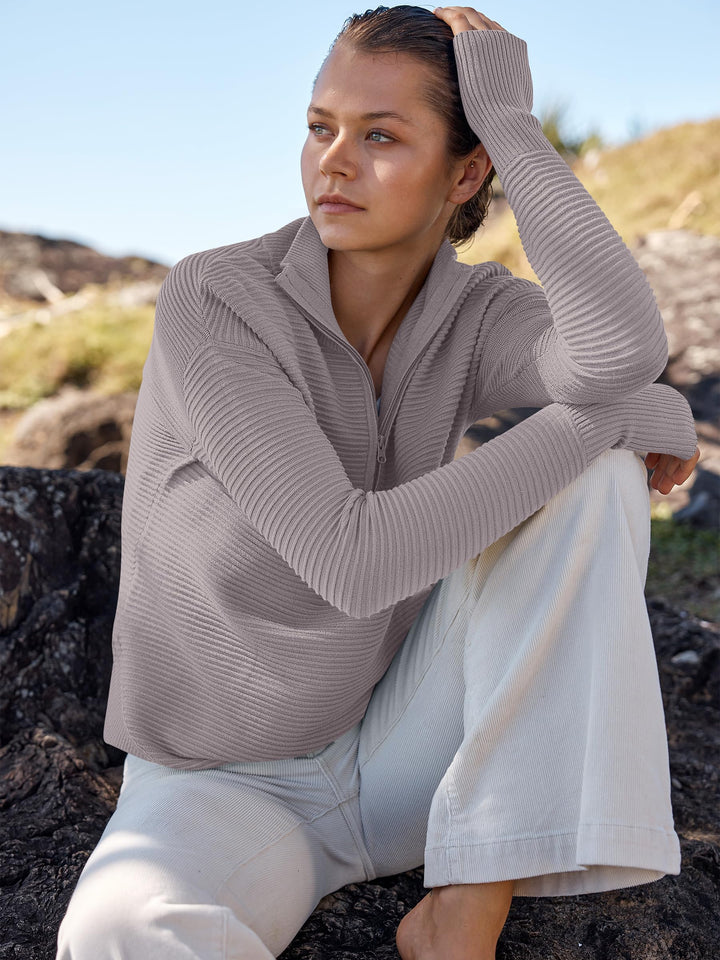 ANRABESS Women's Quarter Zip V-Neck Ribbed Sweater
