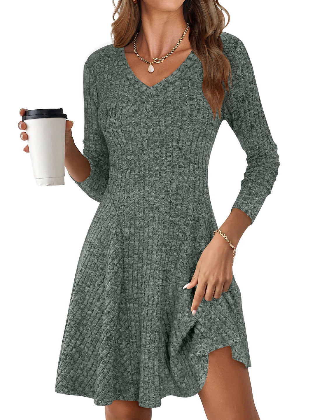 ANRABESS Women's Ribbed V-Neck Swing Sweater Dress