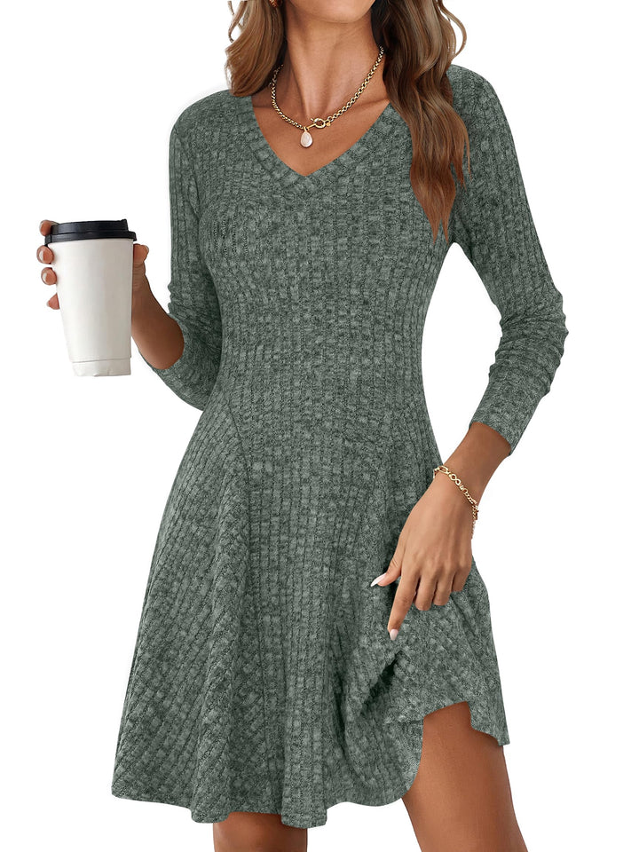 ANRABESS Women's Ribbed V-Neck Swing Sweater Dress