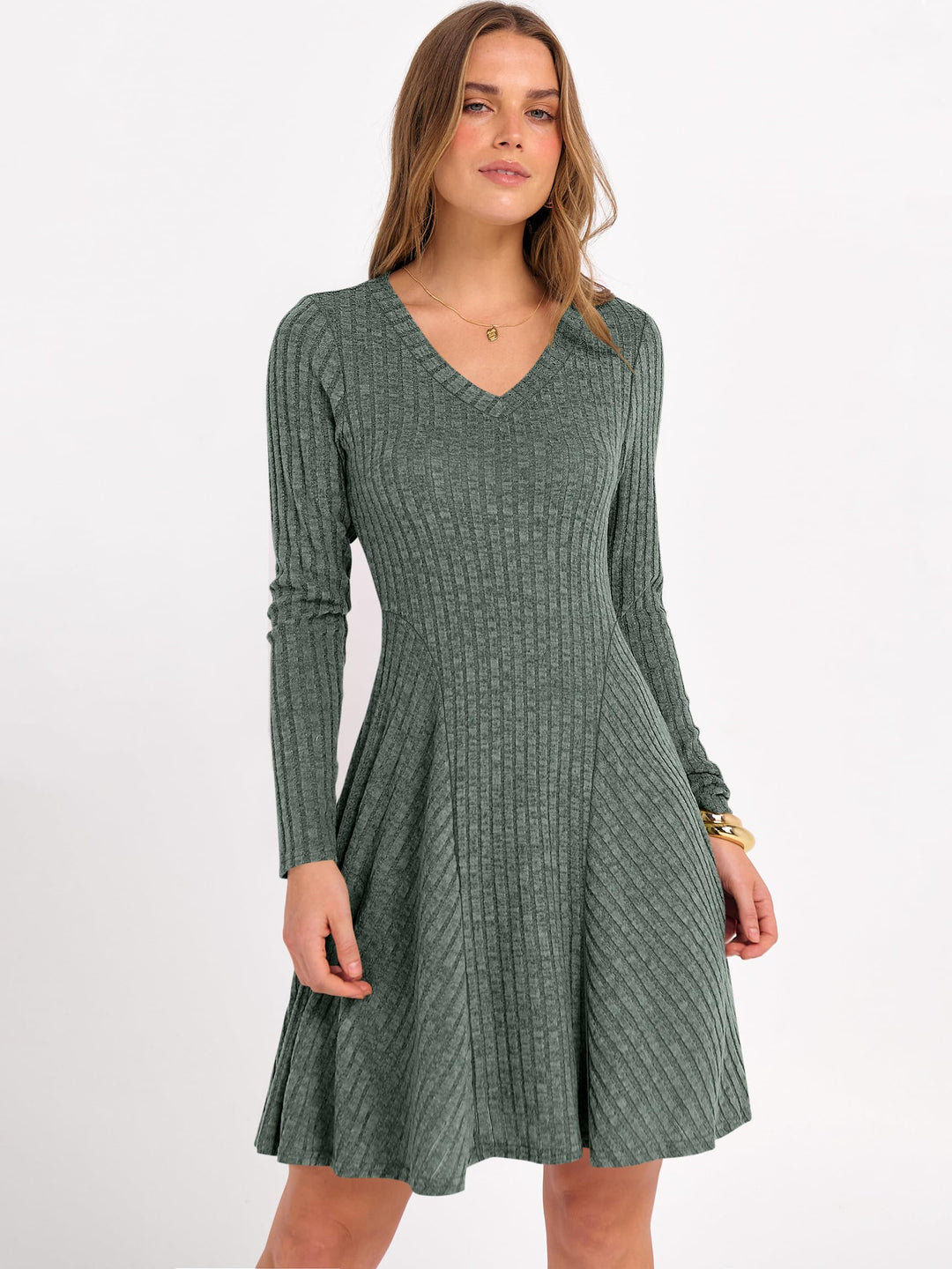 ANRABESS Women's Ribbed V-Neck Swing Sweater Dress