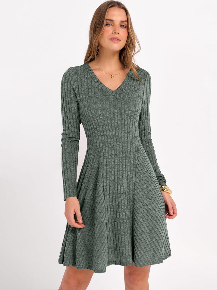 ANRABESS Women's Ribbed V-Neck Swing Sweater Dress