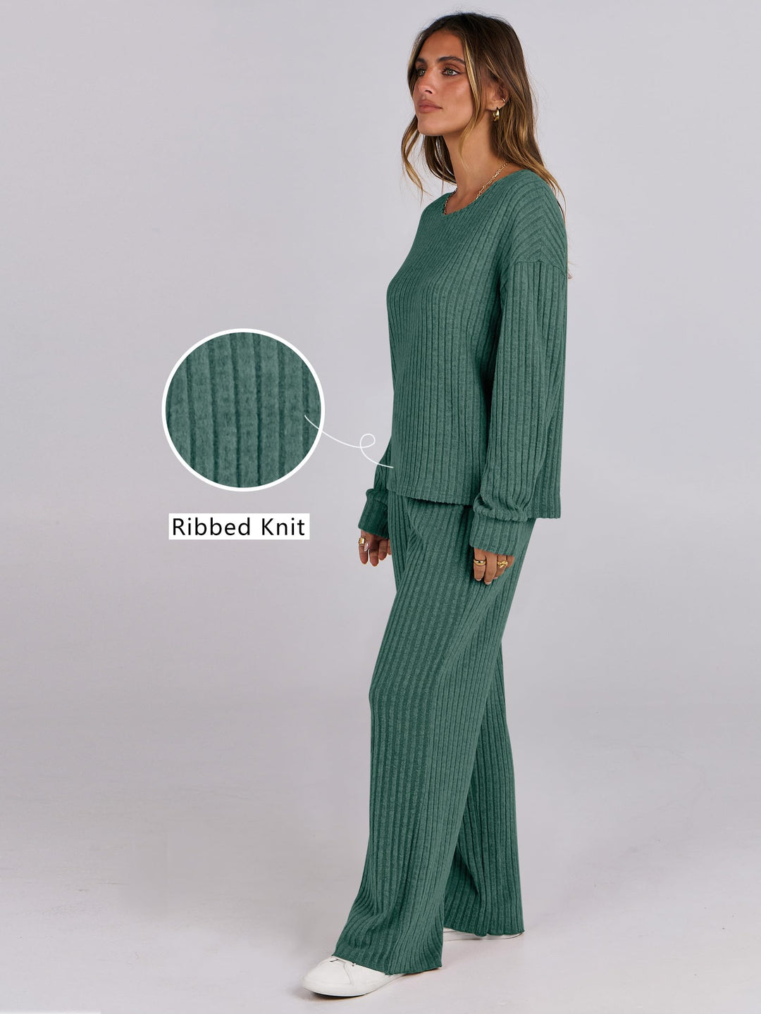 ANRABESS Women 2 Piece Lounge Pajamas Sets Casual Ribbed Knit Long Sleeve Top Pants Matching Set 2026 Fall Outfits Clothes