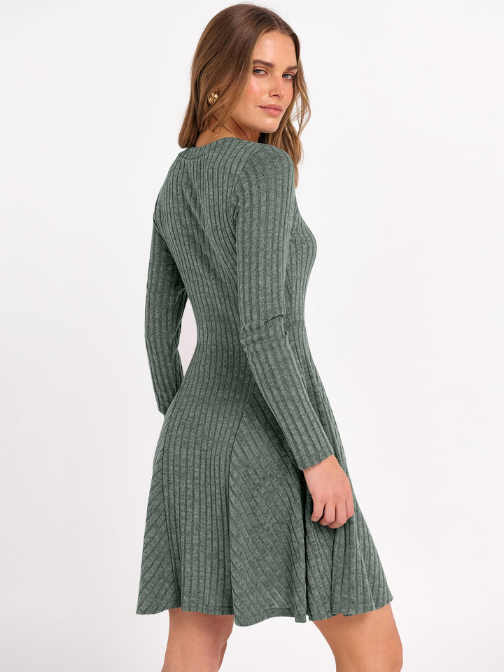 ANRABESS Women's Ribbed V-Neck Swing Sweater Dress