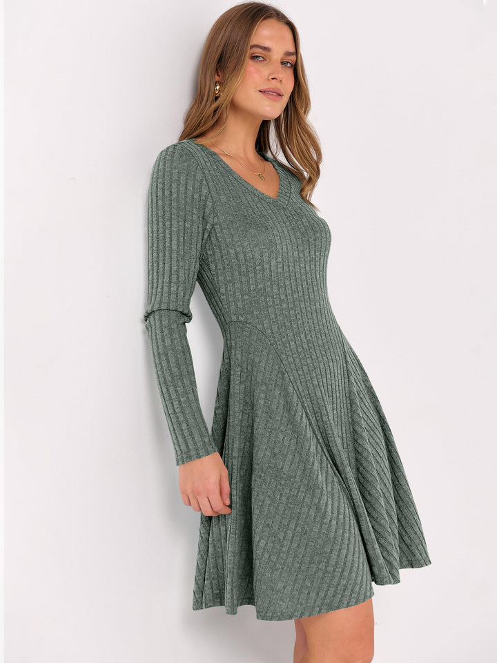 ANRABESS Women's Ribbed V-Neck Swing Sweater Dress