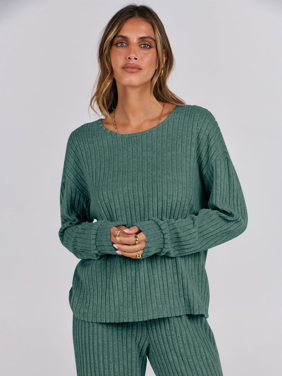 ANRABESS Women 2 Piece Lounge Pajamas Sets Casual Ribbed Knit Long Sleeve Top Pants Matching Set 2026 Fall Outfits Clothes