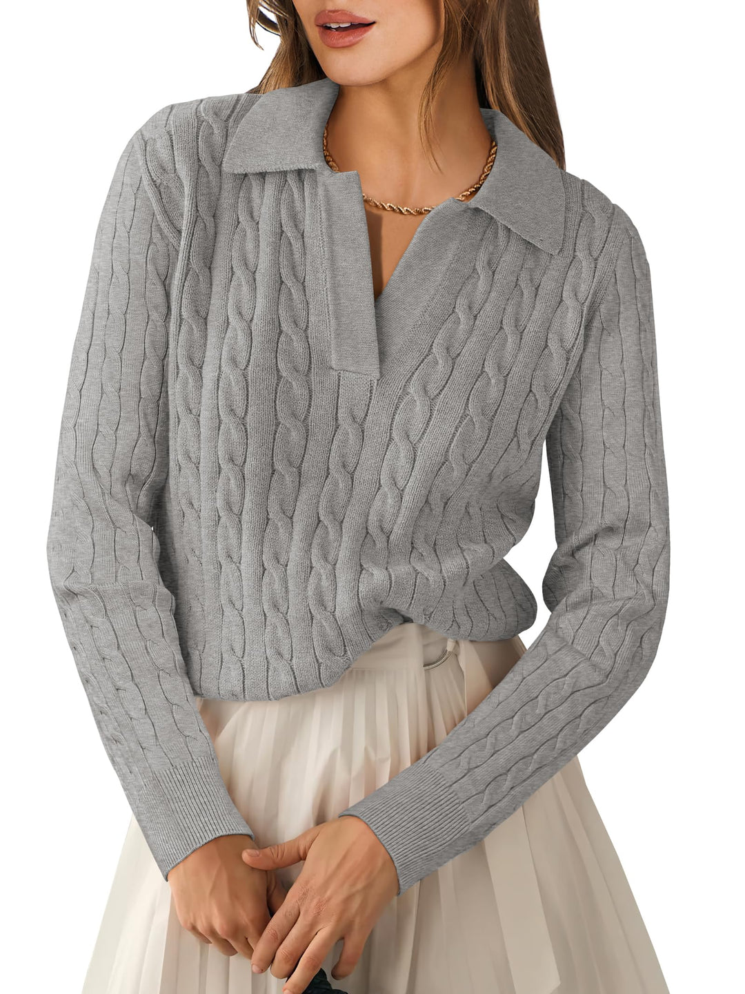 ANRABESS Women's Cable Knit V-Neck Long Sleeve Sweater