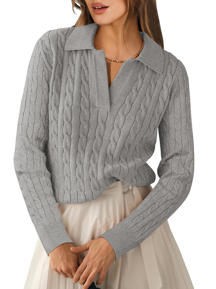 ANRABESS Women's Cable Knit V-Neck Long Sleeve Sweater