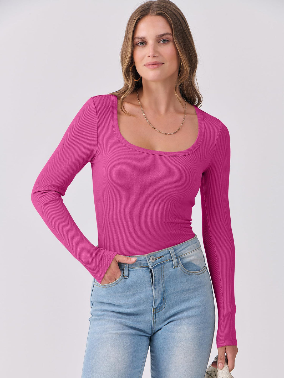 ANRABESS Long Sleeve Shirts for Women Ribbed Knit Slim Fitted Casual Tops Scoop Neck Basic Tee Spring Fall Fashion Clothes