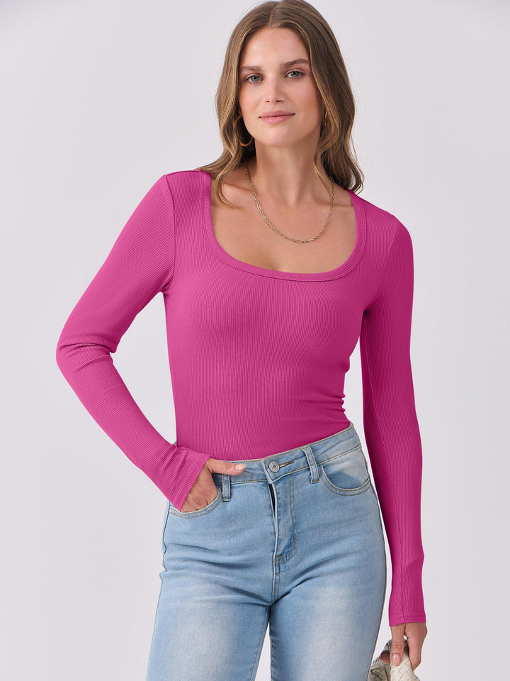 ANRABESS Long Sleeve Shirts for Women Ribbed Knit Slim Fitted Casual Tops Scoop Neck Basic Tee Spring Fall Fashion Clothes