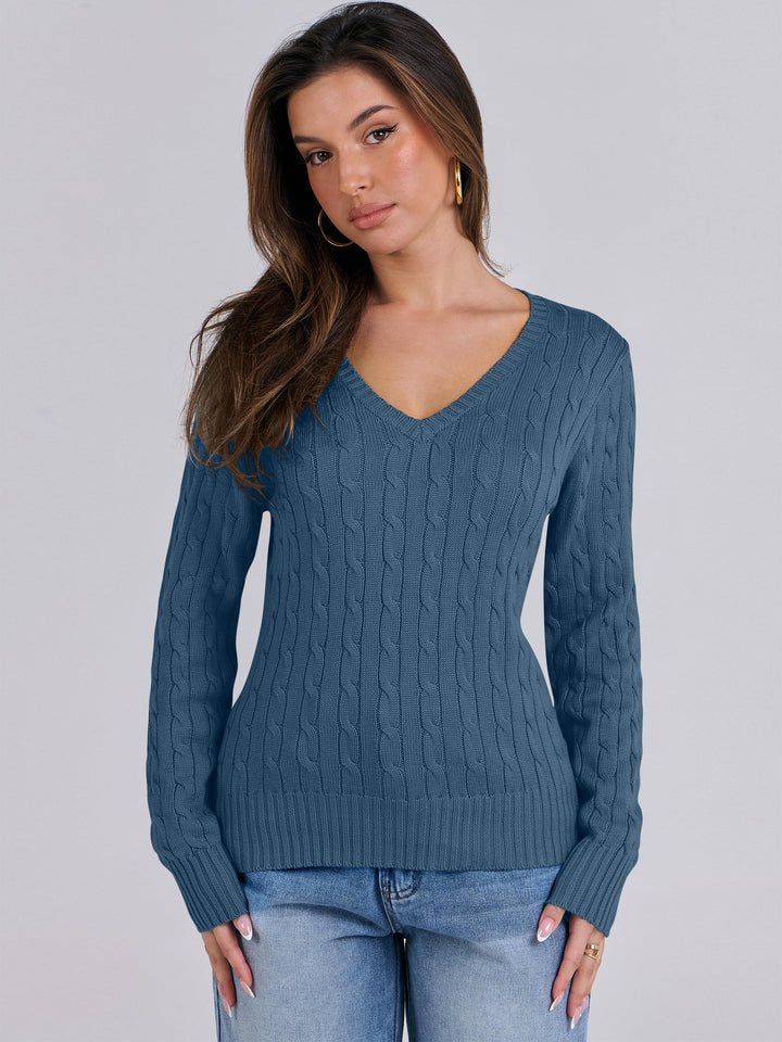ANRABESS Women's Cable Knit V-Neck Fitted Sweater