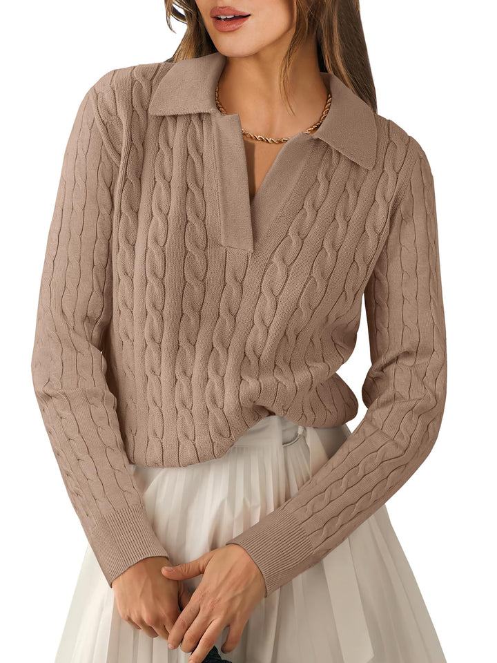 ANRABESS Women's Cable Knit V-Neck Long Sleeve Sweater
