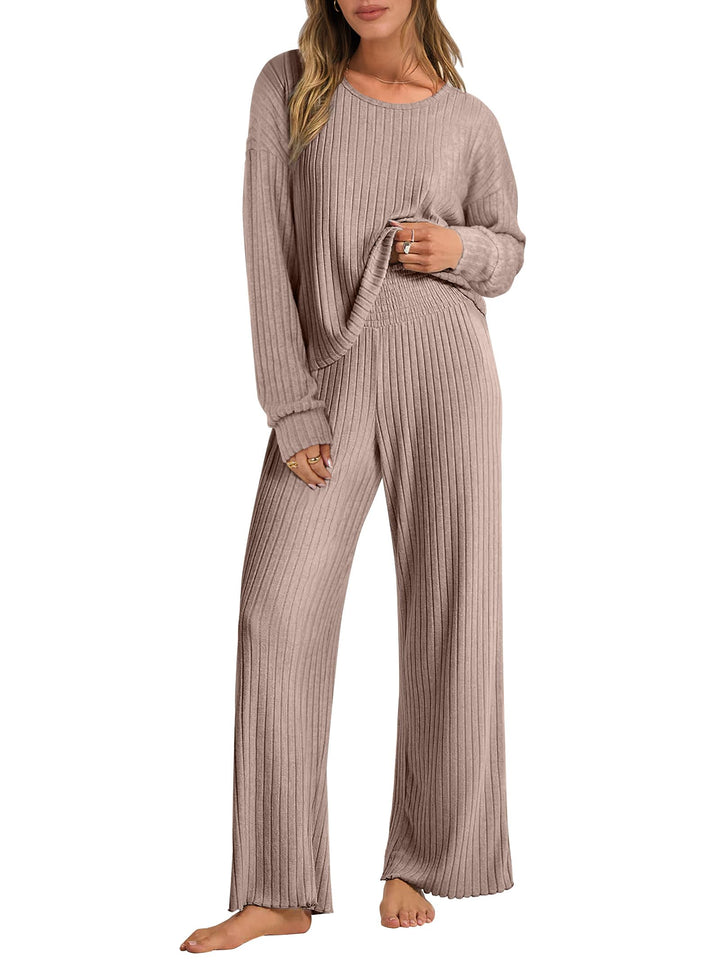 ANRABESS Women 2 Piece Lounge Pajamas Sets Casual Ribbed Knit Long Sleeve Top Pants Matching Set 2026 Fall Outfits Clothes