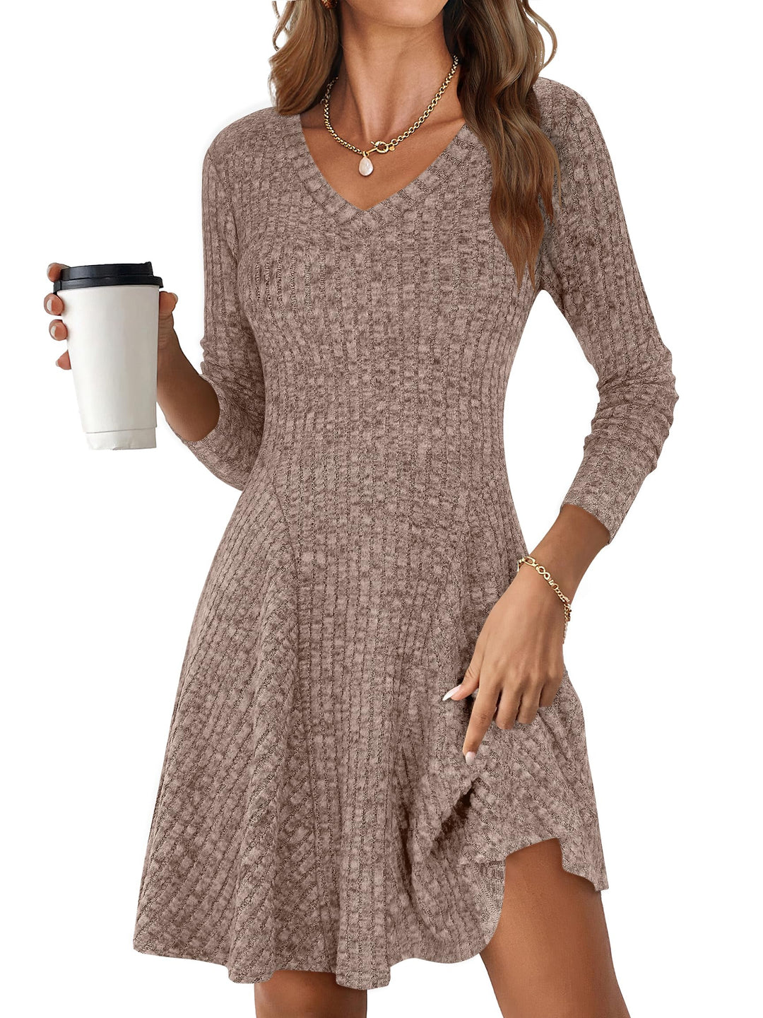 ANRABESS Women's Ribbed V-Neck Swing Sweater Dress