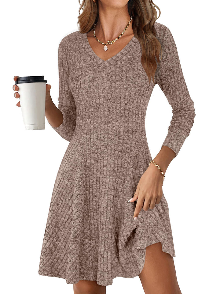 ANRABESS Women's Ribbed V-Neck Swing Sweater Dress