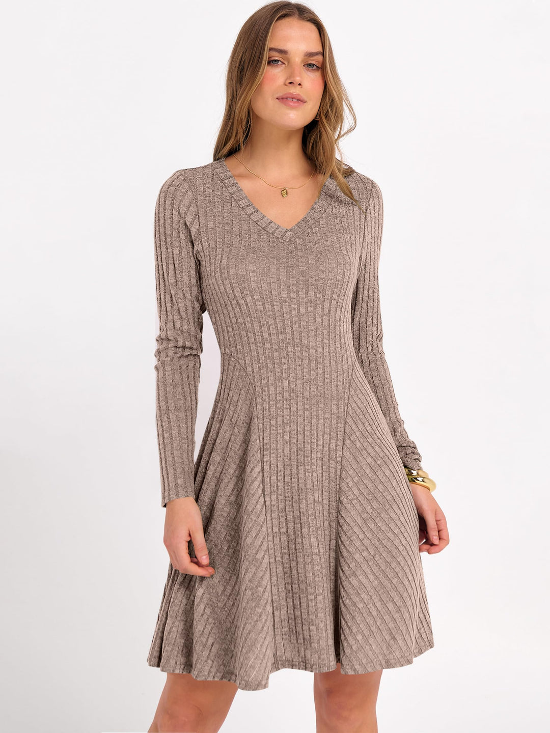 ANRABESS Women's Ribbed V-Neck Swing Sweater Dress