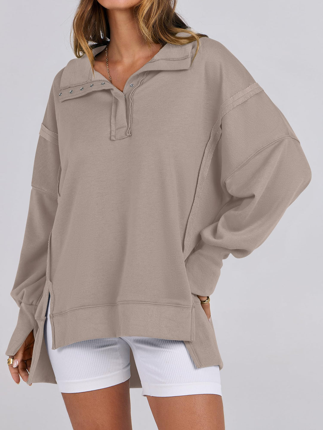 ANRABESS Women's Oversized Button-Up Henley Sweatshirt