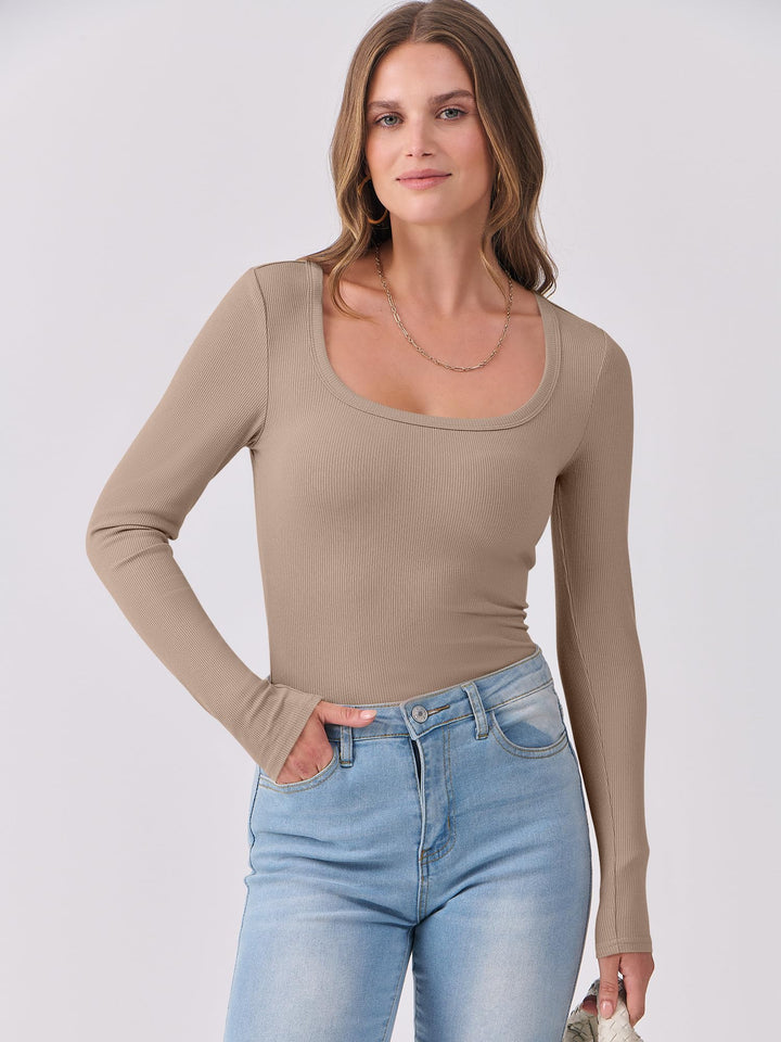 ANRABESS Long Sleeve Shirts for Women Ribbed Knit Slim Fitted Casual Tops Scoop Neck Basic Tee Spring Fall Fashion Clothes