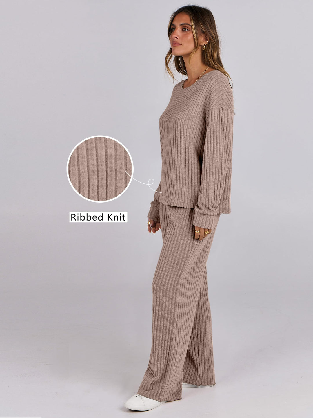 ANRABESS Women 2 Piece Lounge Pajamas Sets Casual Ribbed Knit Long Sleeve Top Pants Matching Set 2026 Fall Outfits Clothes