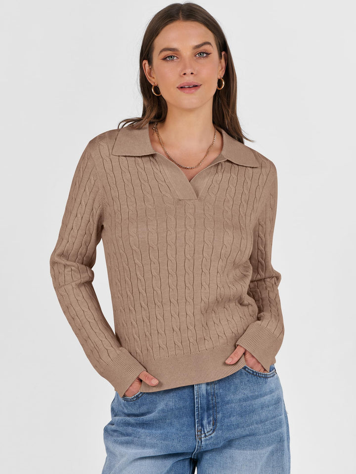 ANRABESS Women's Cable Knit V-Neck Long Sleeve Sweater