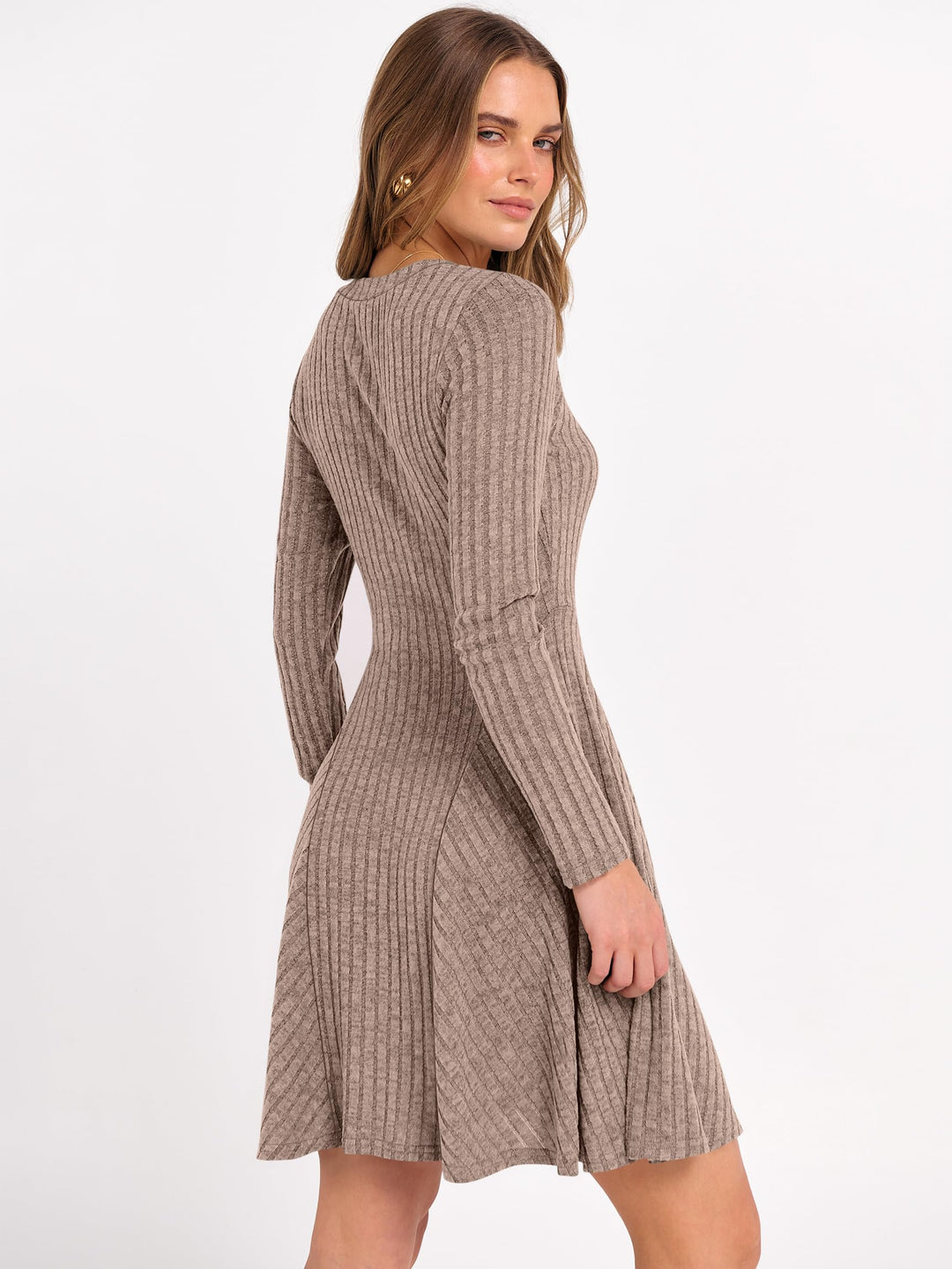 ANRABESS Women's Ribbed V-Neck Swing Sweater Dress