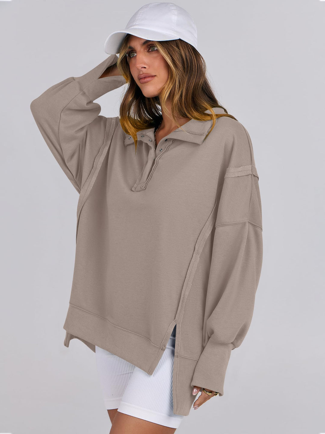 ANRABESS Women's Oversized Button-Up Henley Sweatshirt