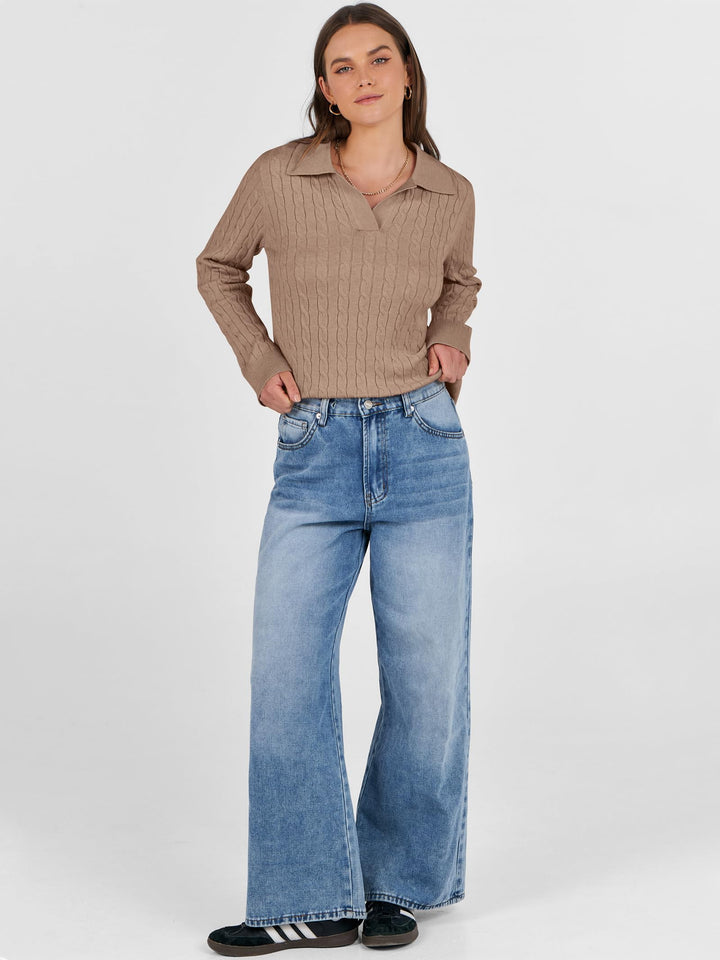 ANRABESS Women's Cable Knit V-Neck Long Sleeve Sweater