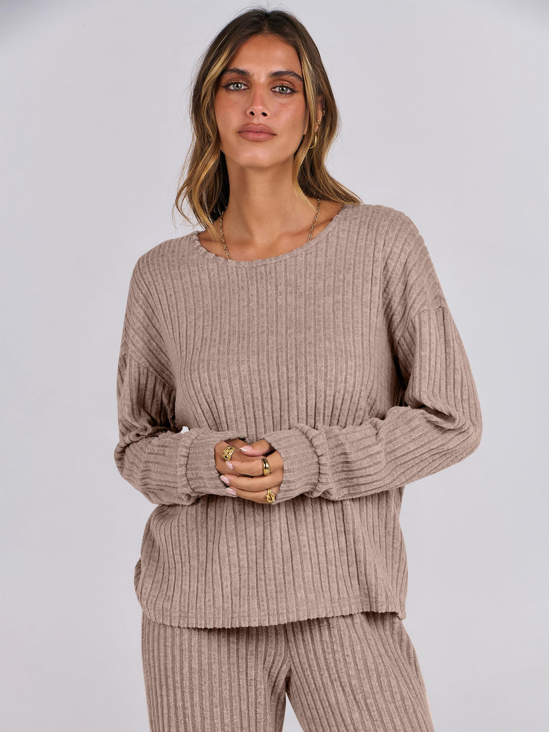 ANRABESS Women 2 Piece Lounge Pajamas Sets Casual Ribbed Knit Long Sleeve Top Pants Matching Set 2026 Fall Outfits Clothes