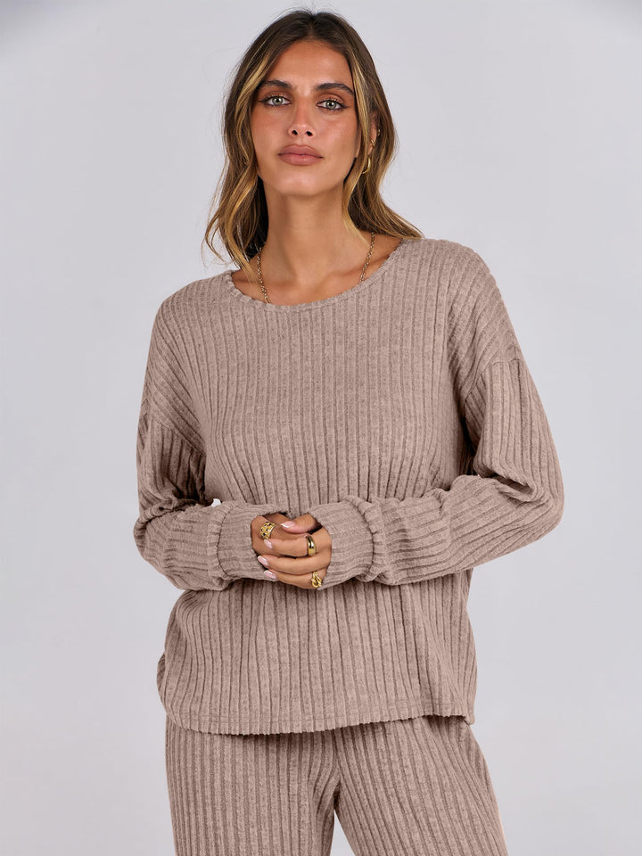 ANRABESS Women 2 Piece Lounge Pajamas Sets Casual Ribbed Knit Long Sleeve Top Pants Matching Set 2026 Fall Outfits Clothes