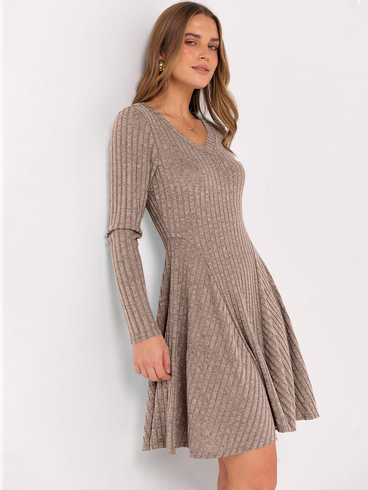 ANRABESS Women's Ribbed V-Neck Swing Sweater Dress