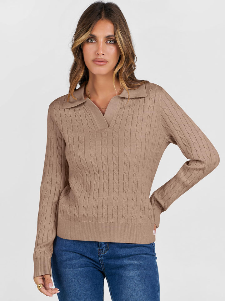 ANRABESS Women's Cable Knit V-Neck Long Sleeve Sweater