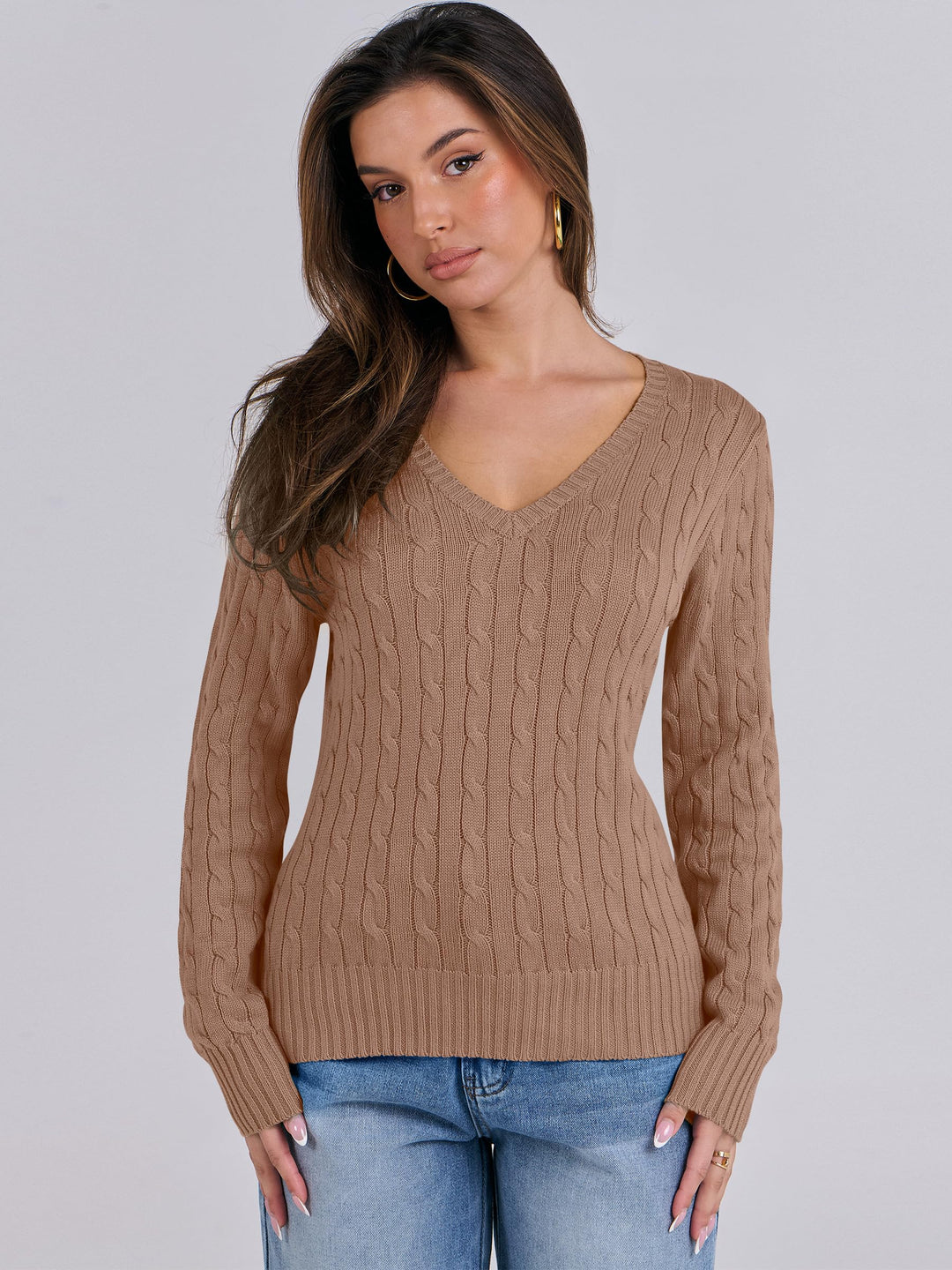 ANRABESS Women's Cable Knit V-Neck Fitted Sweater