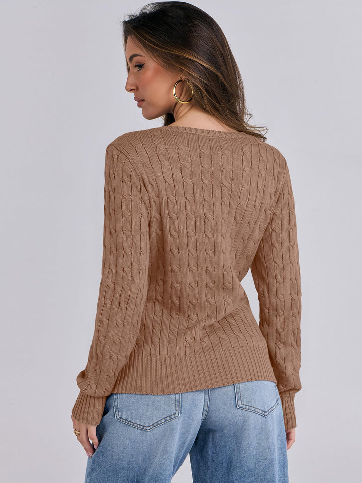 ANRABESS Women's Cable Knit V-Neck Fitted Sweater