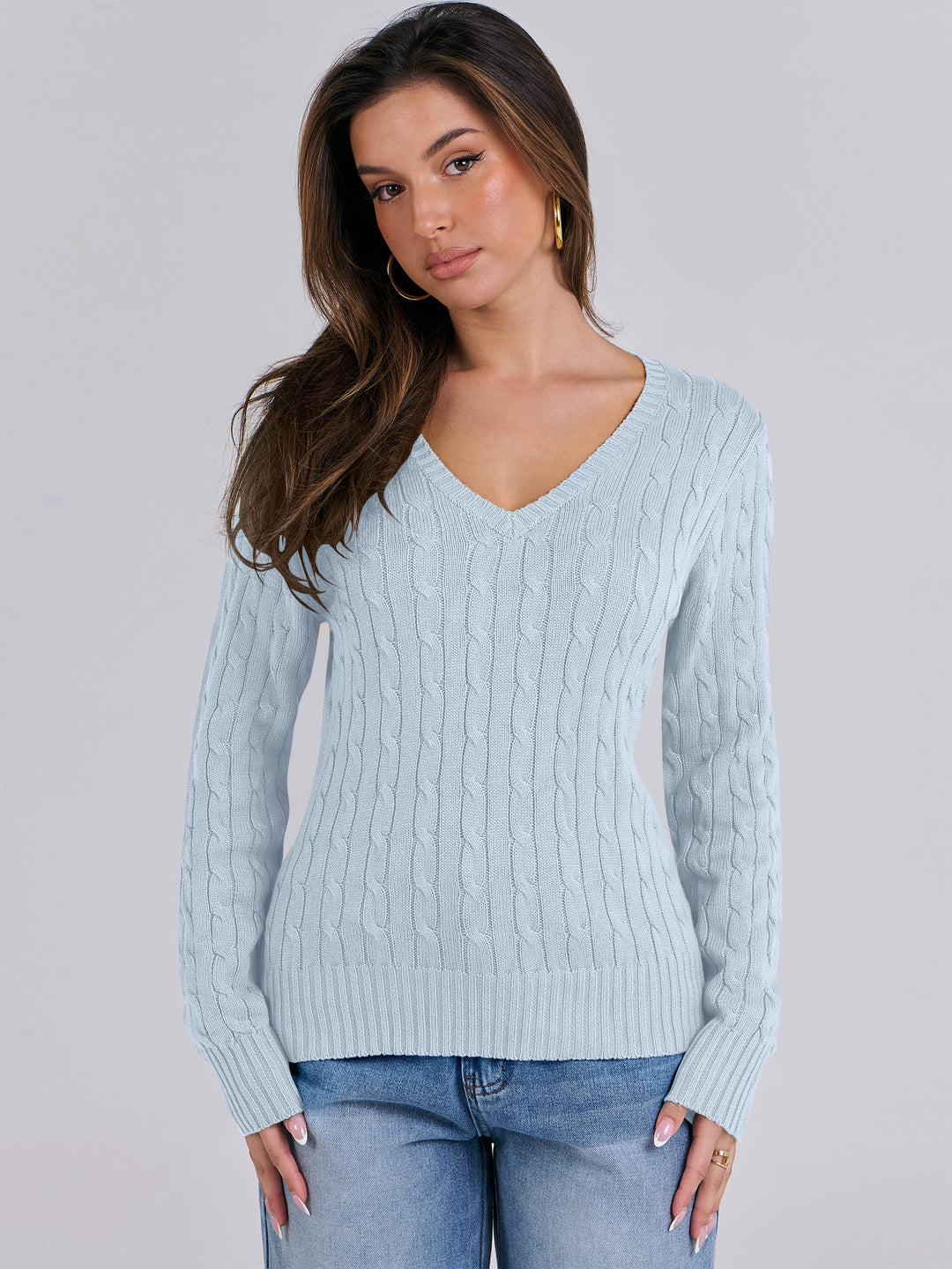 ANRABESS Women's Cable Knit V-Neck Fitted Sweater