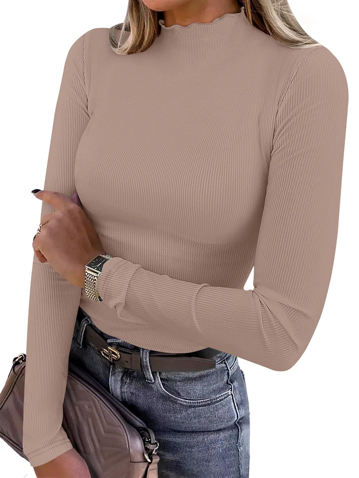 ANRABESS Women's Lettuce Trim Mock Neck Ribbed Top