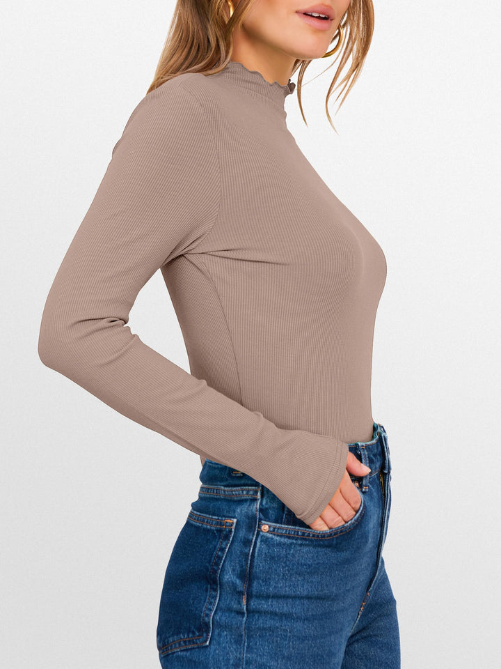 ANRABESS Women's Lettuce Trim Mock Neck Ribbed Top