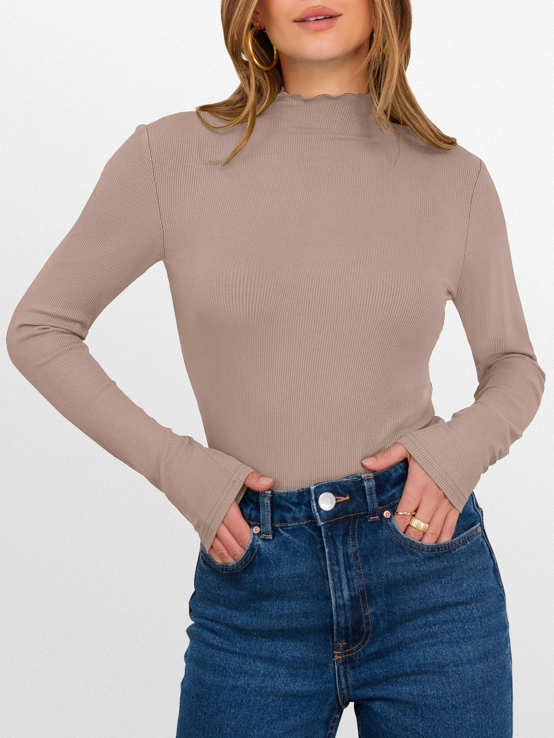 ANRABESS Women's Lettuce Trim Mock Neck Ribbed Top