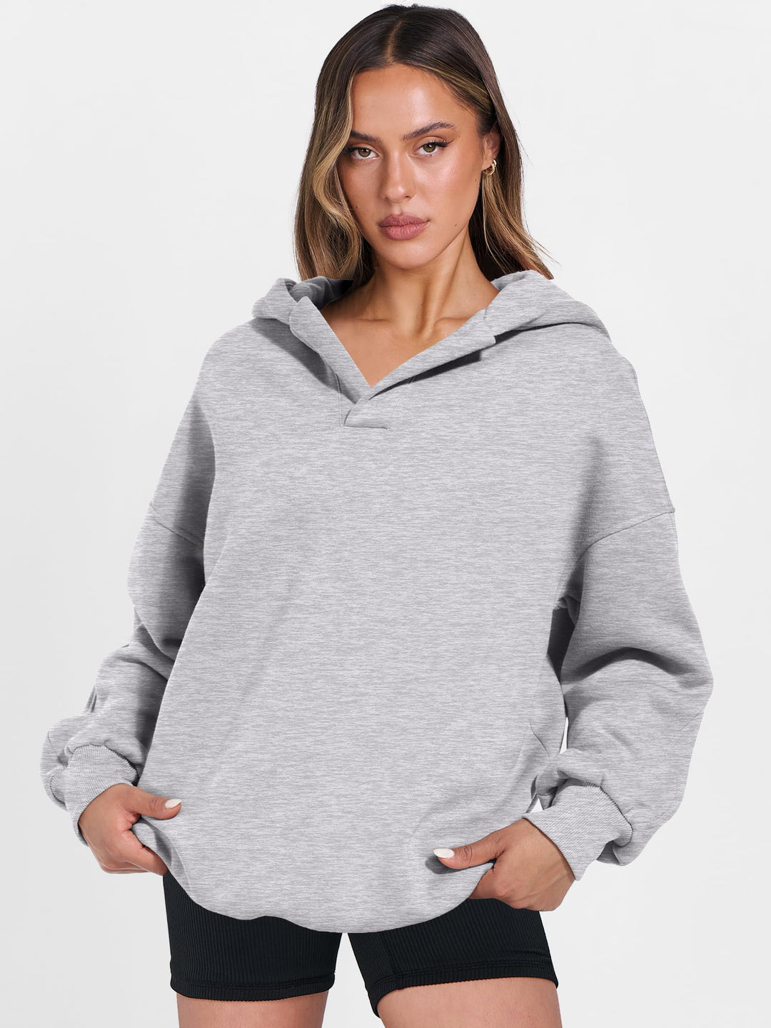 ANRABESS Women's Oversized V-Neck Fleece Hoodie