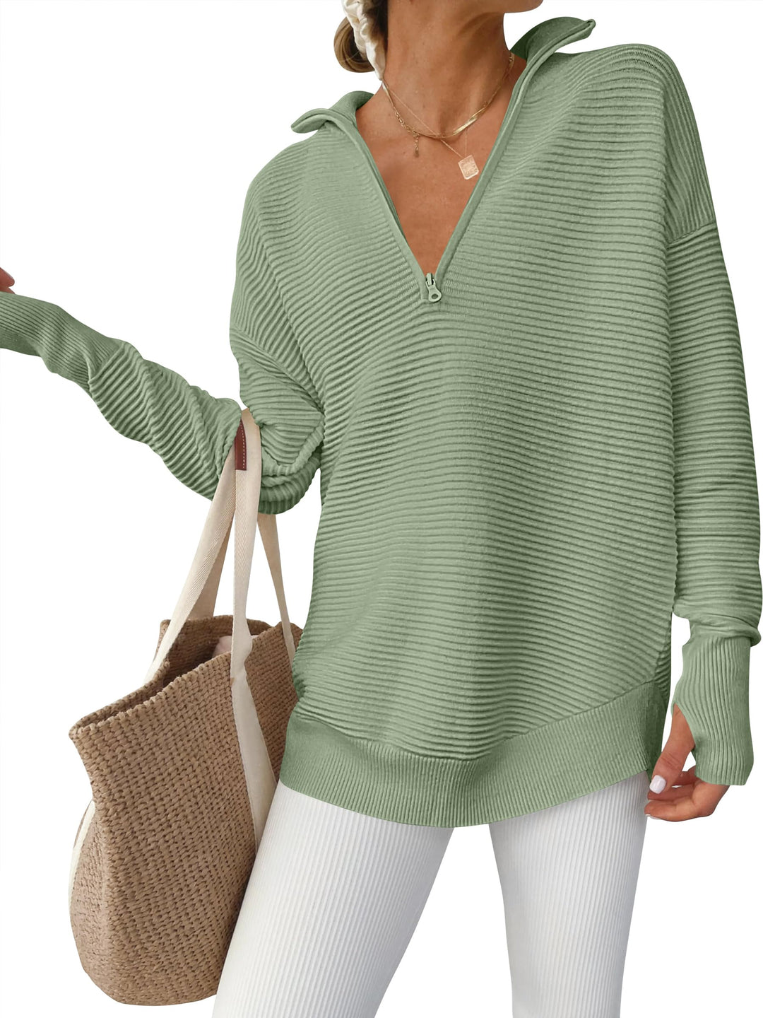 ANRABESS Women's Quarter Zip V-Neck Ribbed Sweater