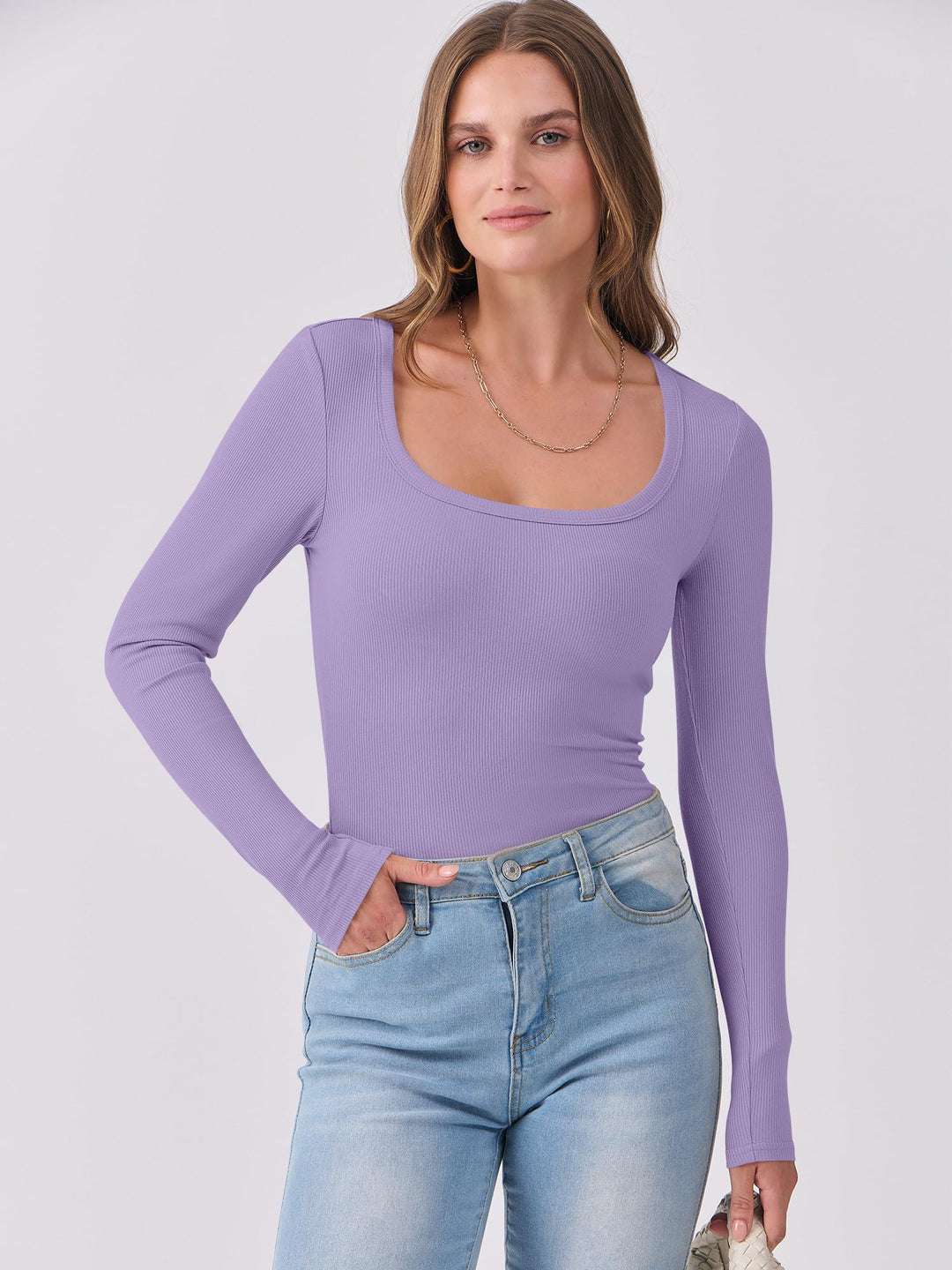 ANRABESS Long Sleeve Shirts for Women Ribbed Knit Slim Fitted Casual Tops Scoop Neck Basic Tee Spring Fall Fashion Clothes