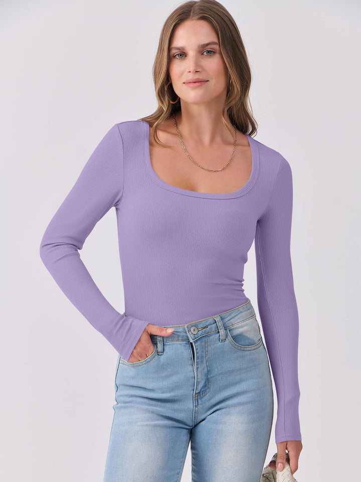 ANRABESS Long Sleeve Shirts for Women Ribbed Knit Slim Fitted Casual Tops Scoop Neck Basic Tee Spring Fall Fashion Clothes